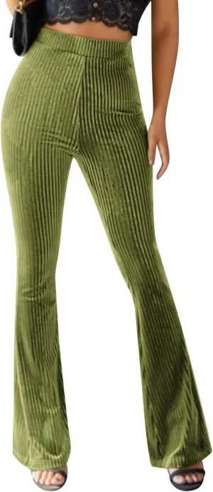 ODIZLI Women Velvet High Waisted Wide Leg Palazzo Flare Pants Solid Long Trousers