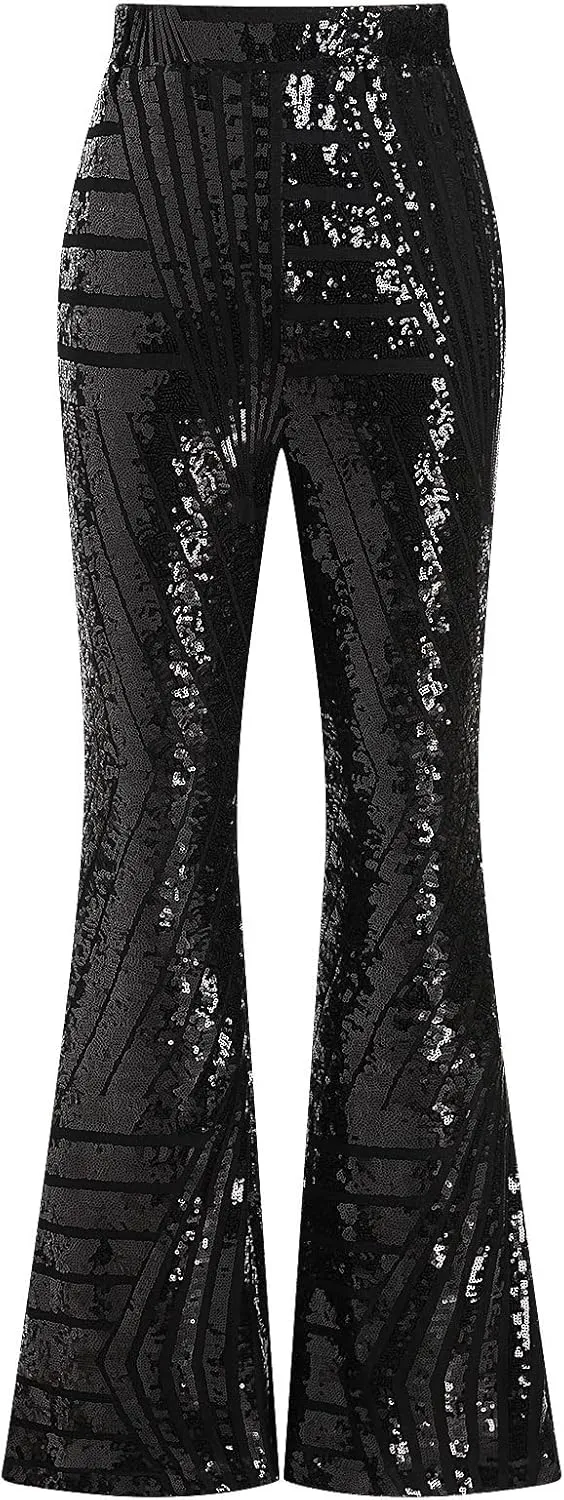 ODIZLI Womens Bell Bottom Sparkle Sequin Flare Pants Elastic High Waisted Bling Glitter Dance Pants