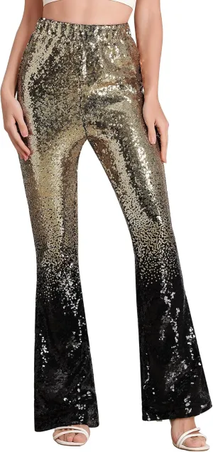 ODIZLI Womens Bell Bottom Sparkle Sequin Flare Pants Elastic High Waisted Bling Glitter Dance Pants