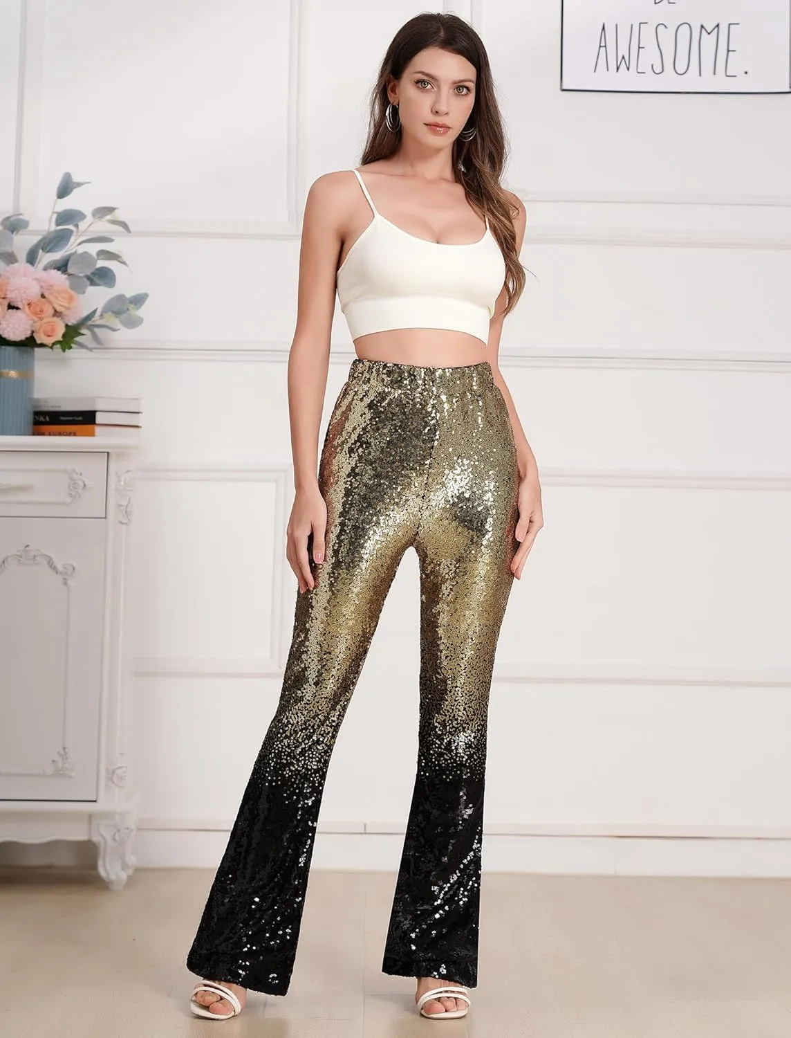 ODIZLI Womens Bell Bottom Sparkle Sequin Flare Pants Elastic High Waisted Bling Glitter Dance Pants