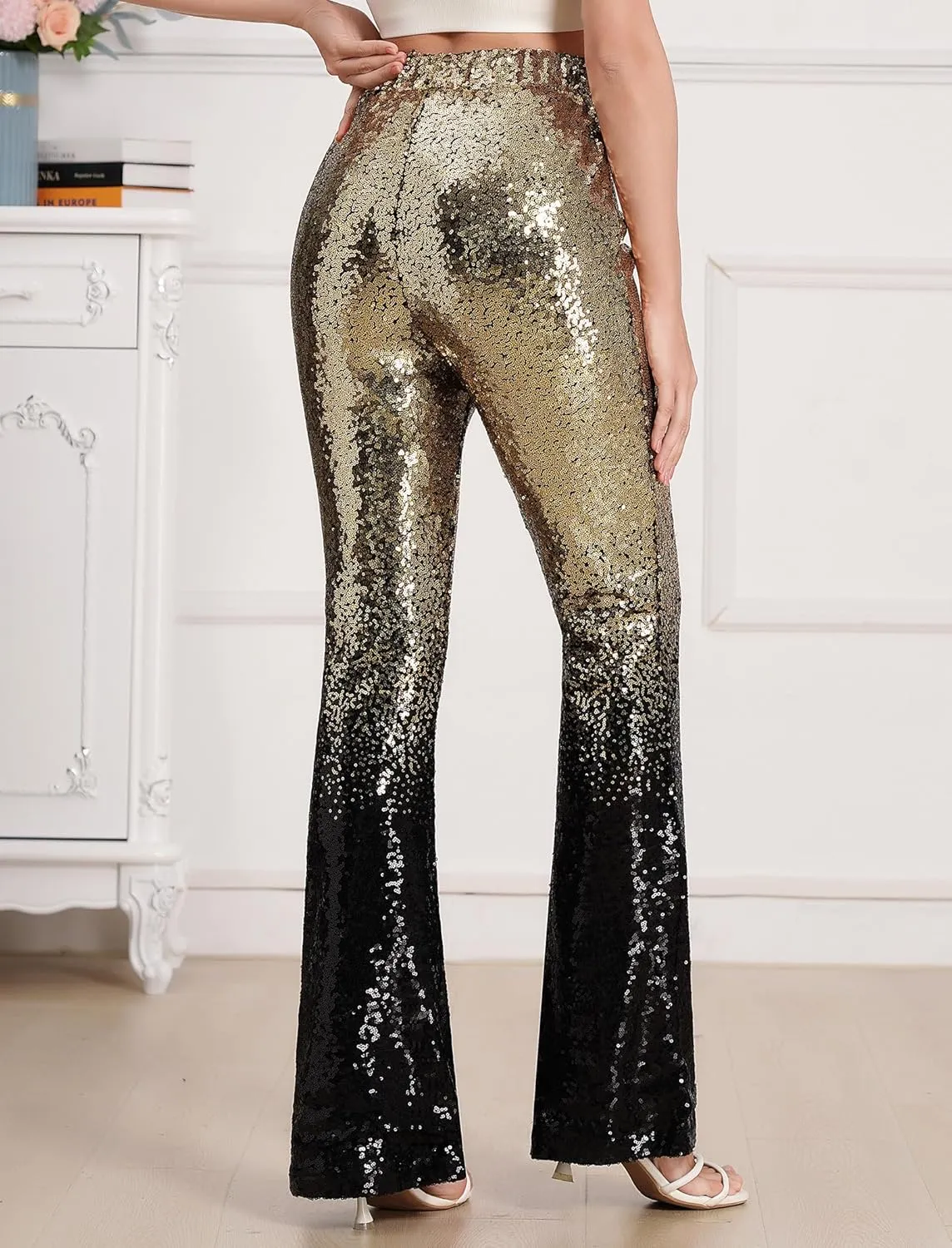 ODIZLI Womens Bell Bottom Sparkle Sequin Flare Pants Elastic High Waisted Bling Glitter Dance Pants