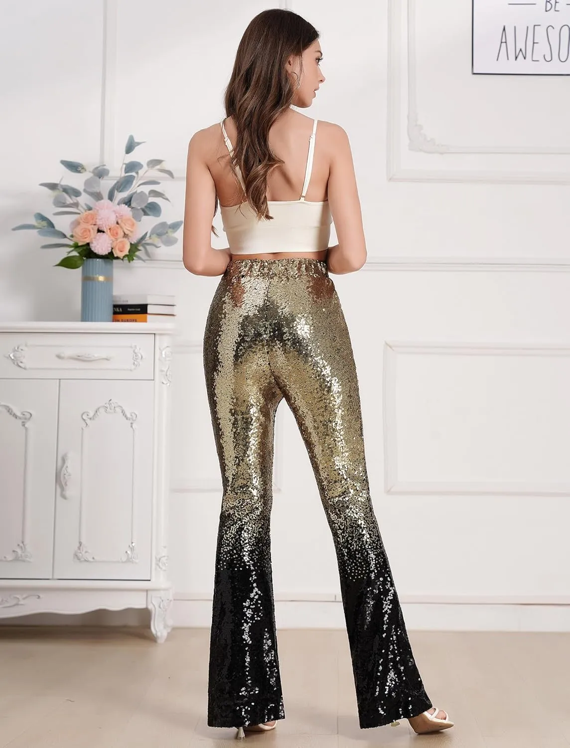 ODIZLI Womens Bell Bottom Sparkle Sequin Flare Pants Elastic High Waisted Bling Glitter Dance Pants