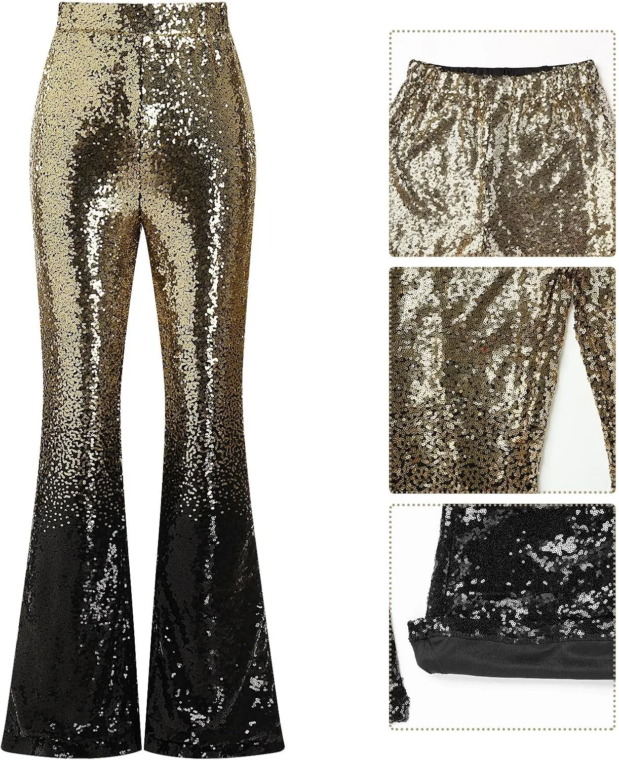 ODIZLI Womens Bell Bottom Sparkle Sequin Flare Pants Elastic High Waisted Bling Glitter Dance Pants
