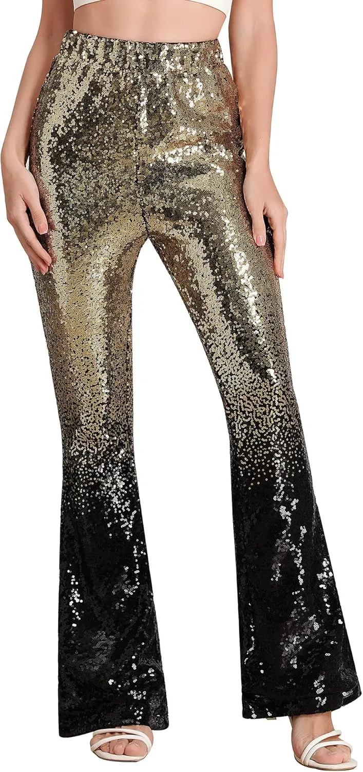 ODIZLI Womens Bell Bottom Sparkle Sequin Flare Pants Elastic High Waisted Bling Glitter Dance Pants