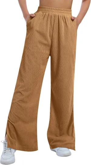 ODIZLI Women's Corduroy Wide Leg Pants High Waist Solid Bottom with Pockets Slit Trousers