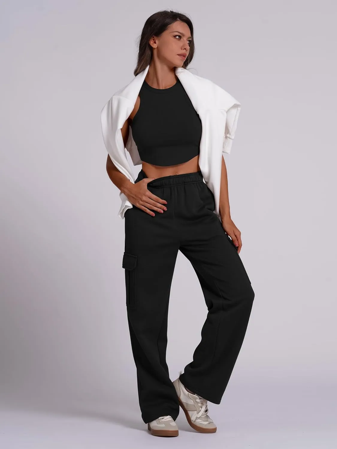 ODIZLI Women's High Waist Drawstring Wide Leg Sweatpants with Pockets Jogger Loose Sport Yoga Active Pants Lounge Trousers