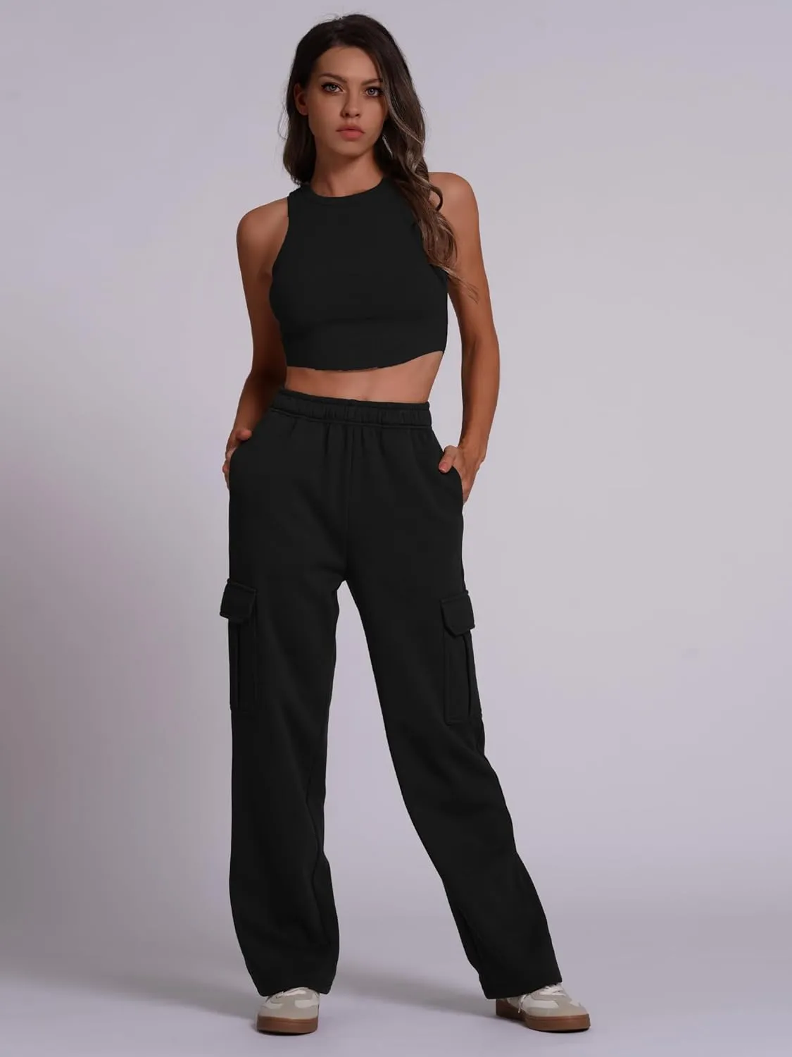 ODIZLI Women's High Waist Drawstring Wide Leg Sweatpants with Pockets Jogger Loose Sport Yoga Active Pants Lounge Trousers