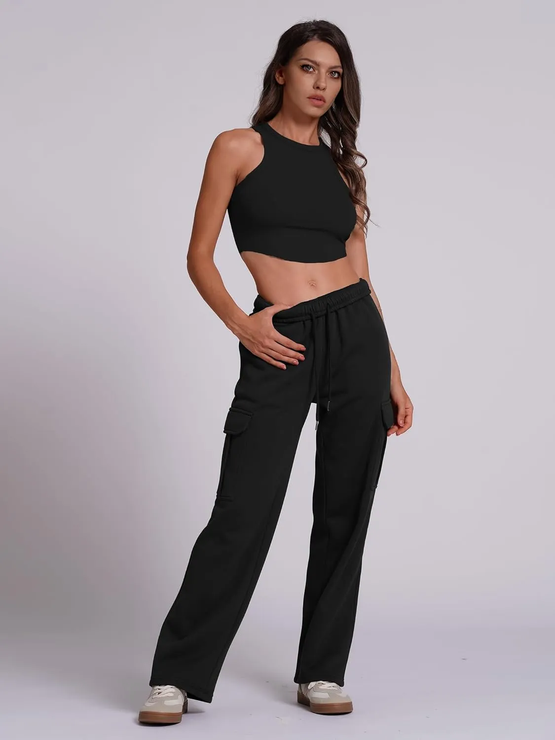 ODIZLI Women's High Waist Drawstring Wide Leg Sweatpants with Pockets Jogger Loose Sport Yoga Active Pants Lounge Trousers