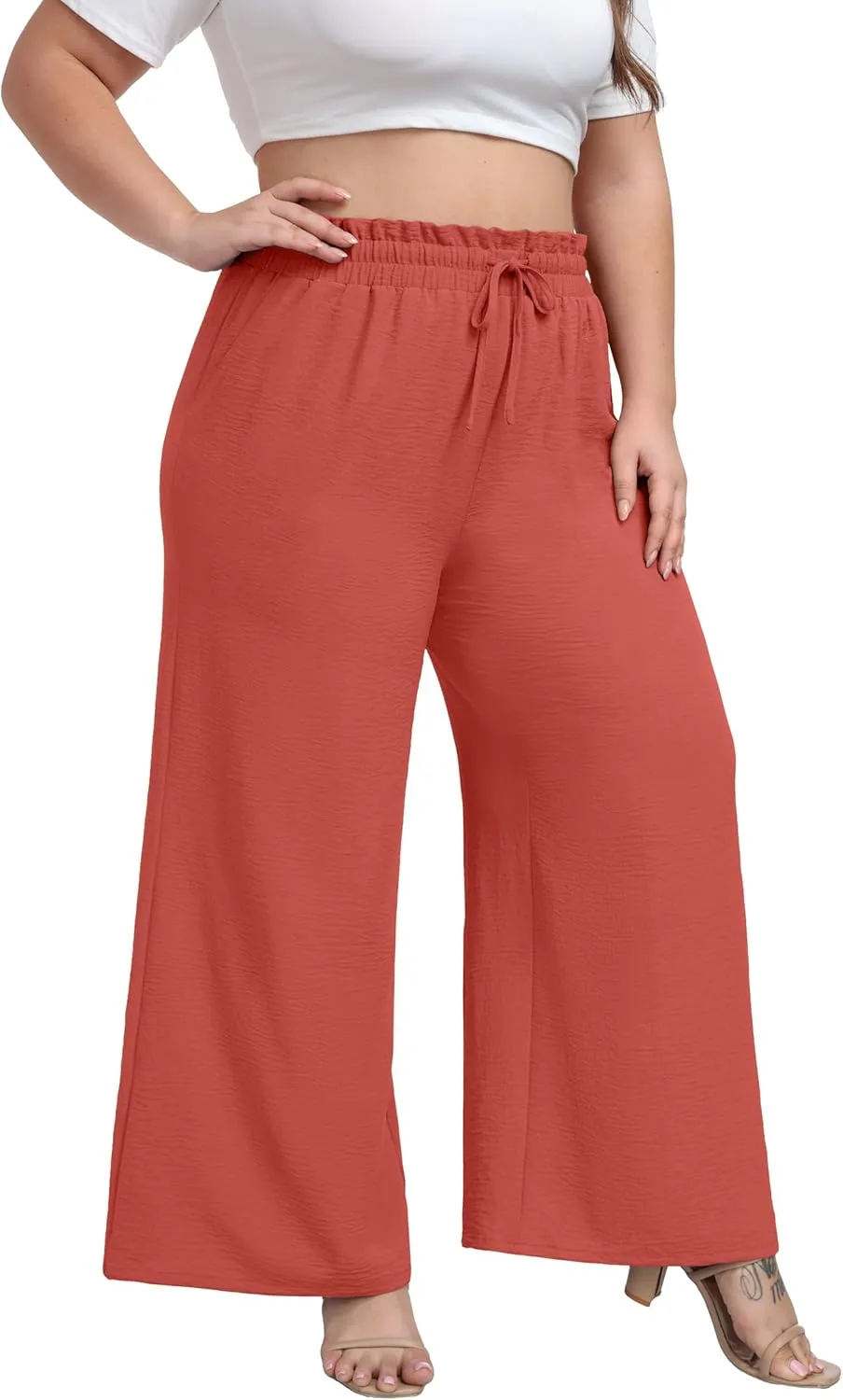 OLRIK Women's Plus Size Pants Self-Tie Belted High Waisted Wide Leg Pants Long Straight Palazzo Trousers with Pockets