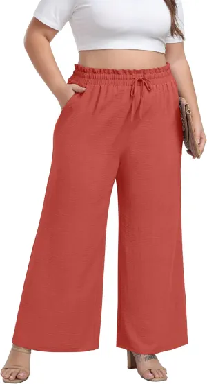 OLRIK Women's Plus Size Pants Self-Tie Belted High Waisted Wide Leg Pants Long Straight Palazzo Trousers with Pockets