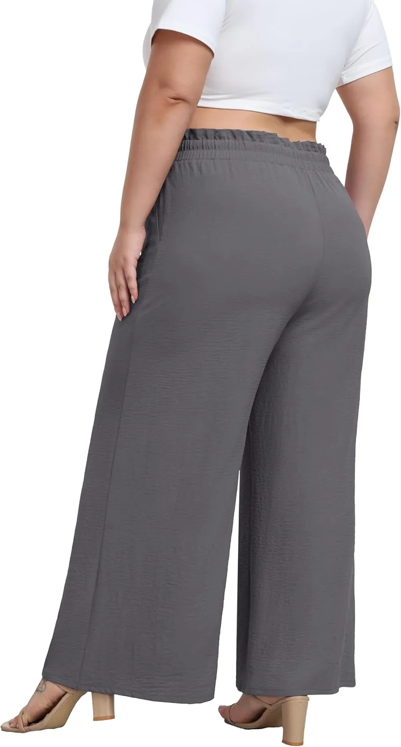 OLRIK Women's Plus Size Pants Self-Tie Belted High Waisted Wide Leg Pants Long Straight Palazzo Trousers with Pockets