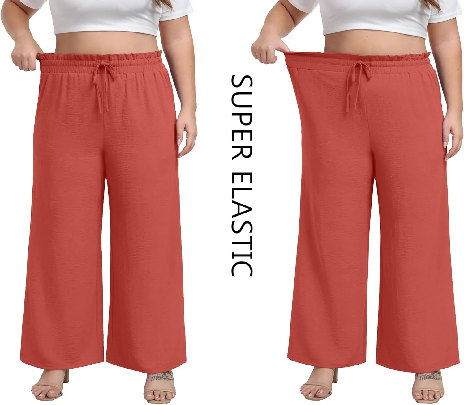 OLRIK Women's Plus Size Pants Self-Tie Belted High Waisted Wide Leg Pants Long Straight Palazzo Trousers with Pockets
