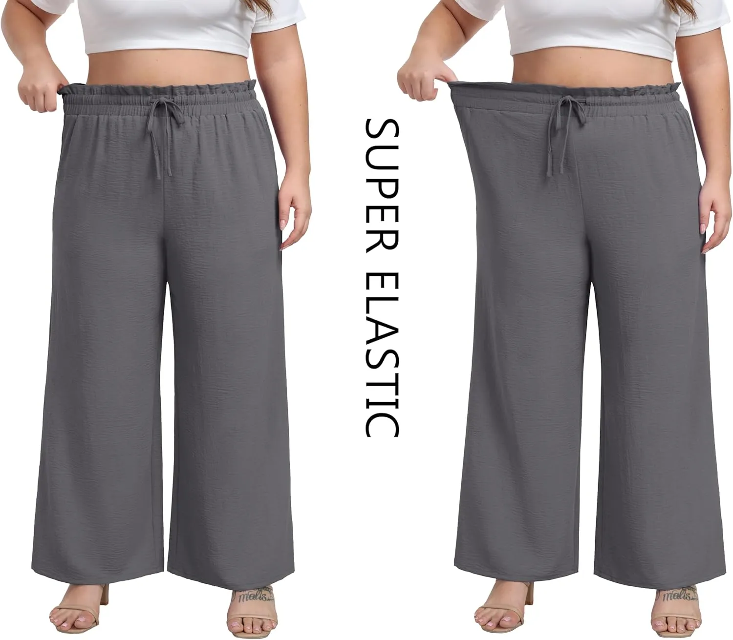 OLRIK Women's Plus Size Pants Self-Tie Belted High Waisted Wide Leg Pants Long Straight Palazzo Trousers with Pockets
