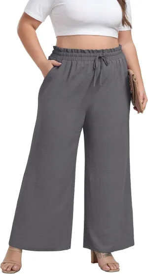 OLRIK Women's Plus Size Pants Self-Tie Belted High Waisted Wide Leg Pants Long Straight Palazzo Trousers with Pockets