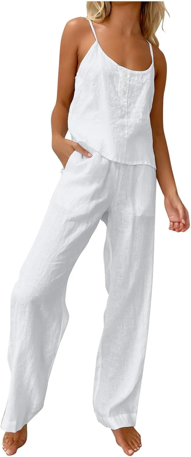 Pajama Sets for Women Summer Sleeveless Camisole Top and Pjs Long Pants Loungewear Set 2 Piece Outfits
