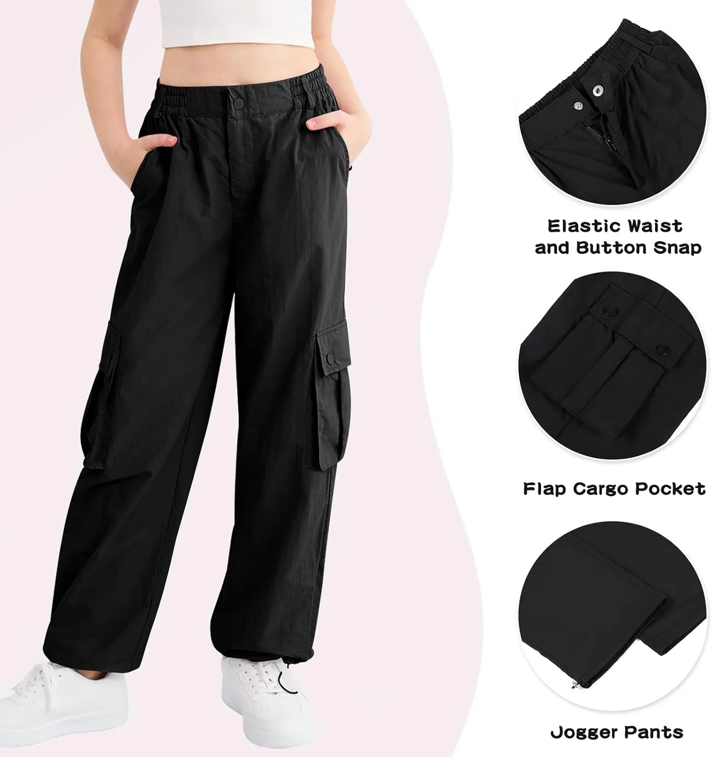 Parachute Pants for Girls Cargo Jogger Pants Wide Leg Streetwear Kid Teen Jogger Trousers with Pockets 7-16 Years