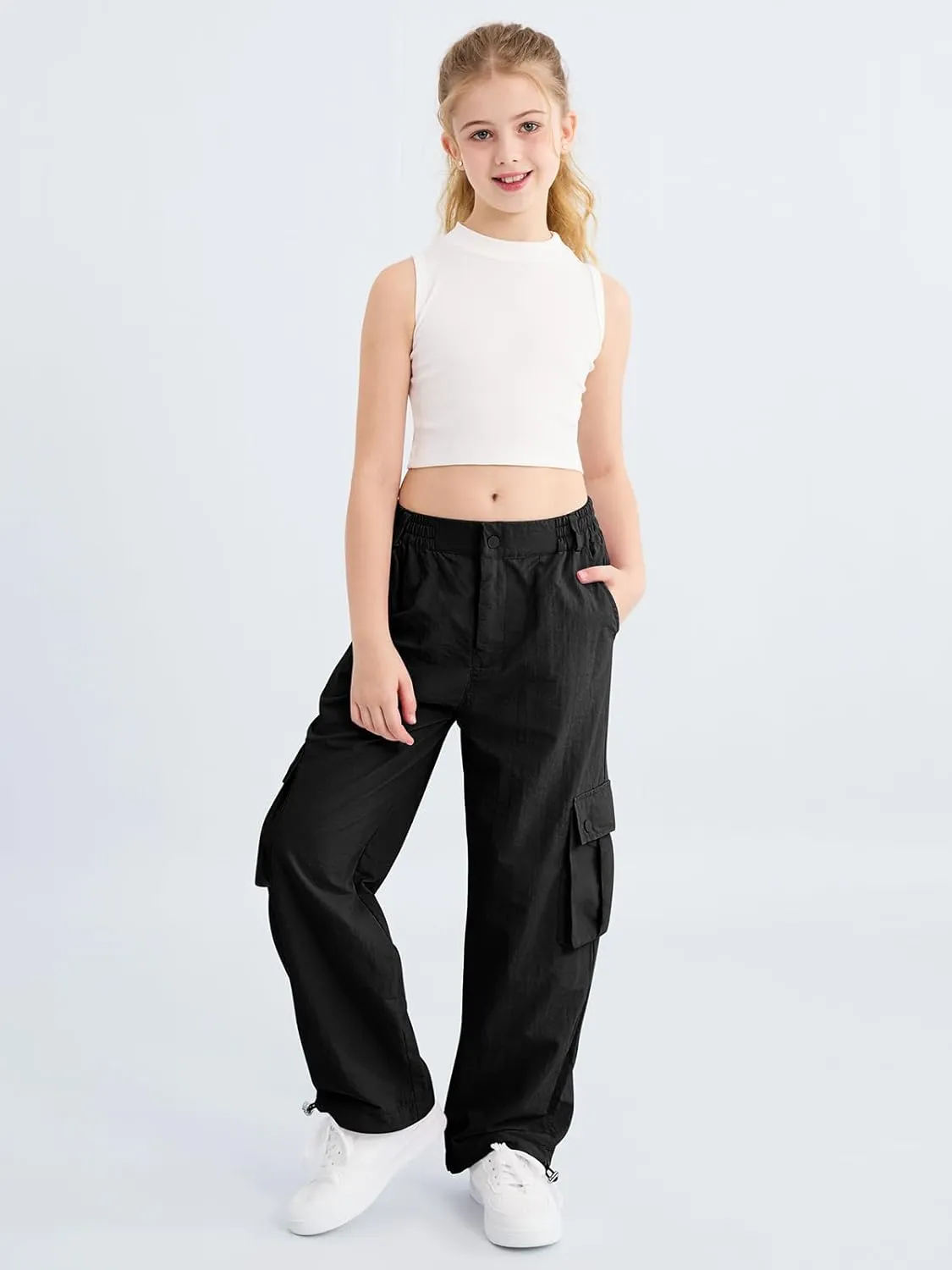 Parachute Pants for Girls Cargo Jogger Pants Wide Leg Streetwear Kid Teen Jogger Trousers with Pockets 7-16 Years