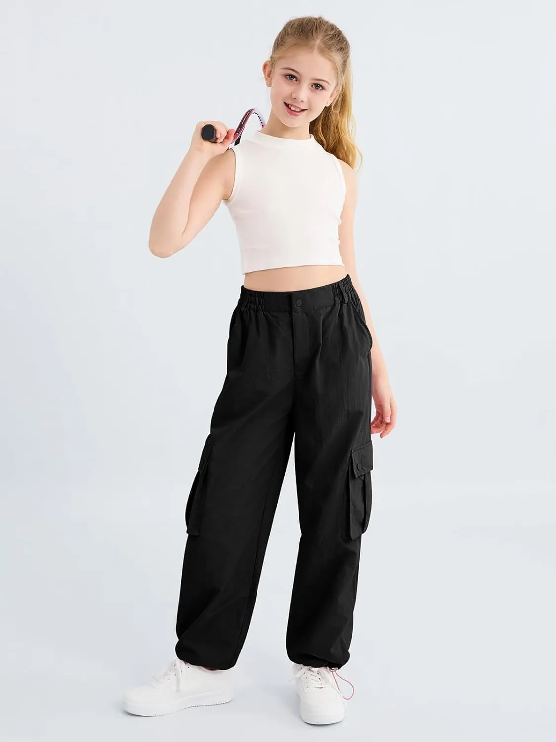 Parachute Pants for Girls Cargo Jogger Pants Wide Leg Streetwear Kid Teen Jogger Trousers with Pockets 7-16 Years
