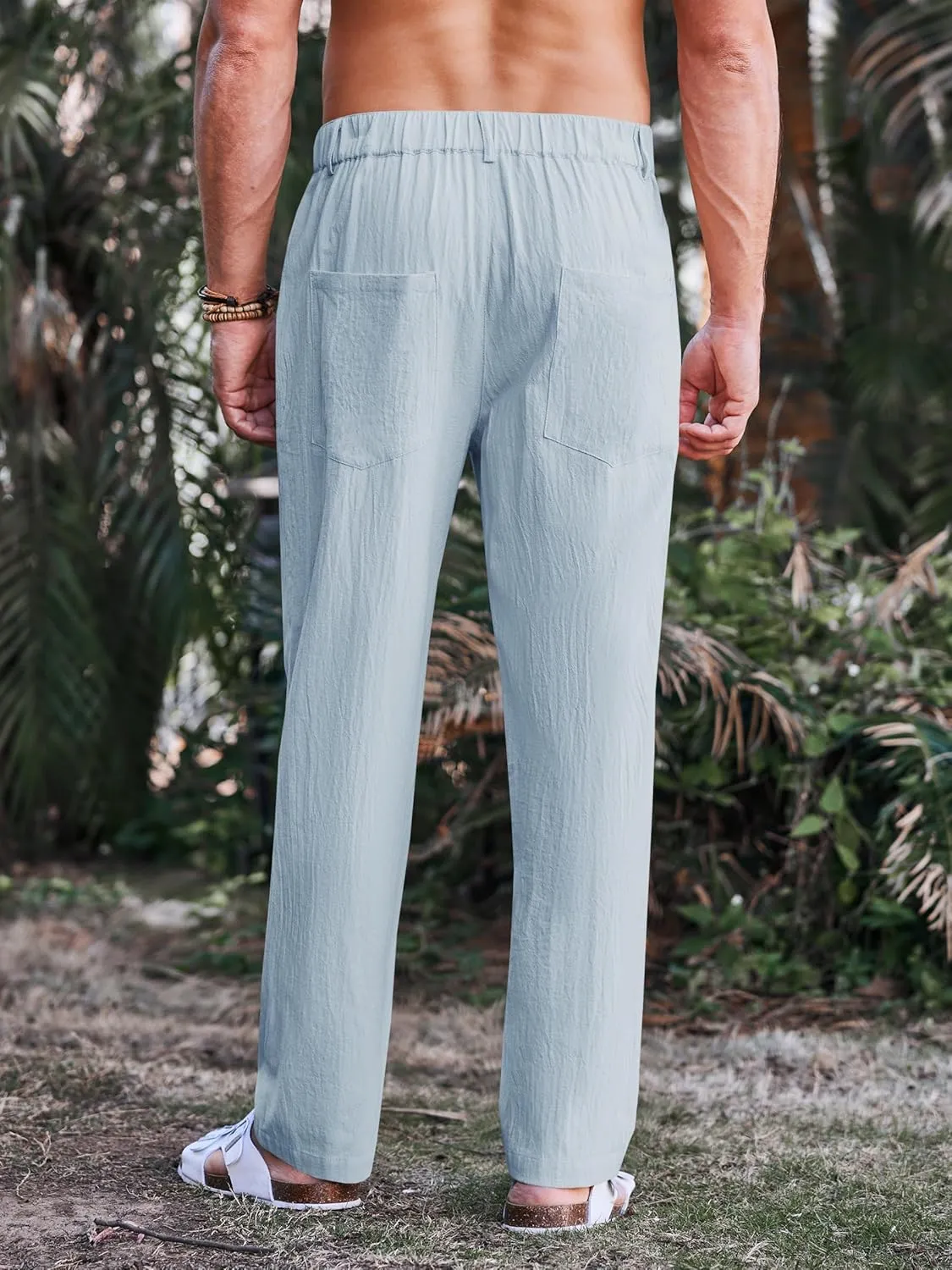 PASLTER Mens Casual Cotton Linen Pants Loose Fit Elastic Waist Yoga Beach Trousers with Pockets