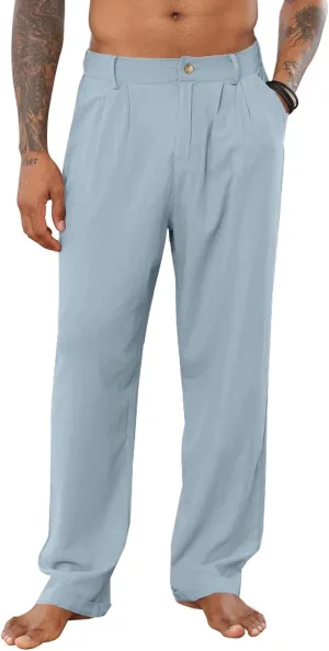 PASLTER Mens Casual Cotton Linen Pants Loose Fit Elastic Waist Yoga Beach Trousers with Pockets