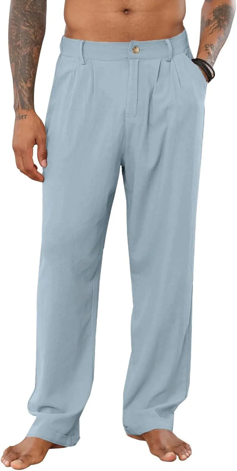 PASLTER Mens Casual Cotton Linen Pants Loose Fit Elastic Waist Yoga Beach Trousers with Pockets