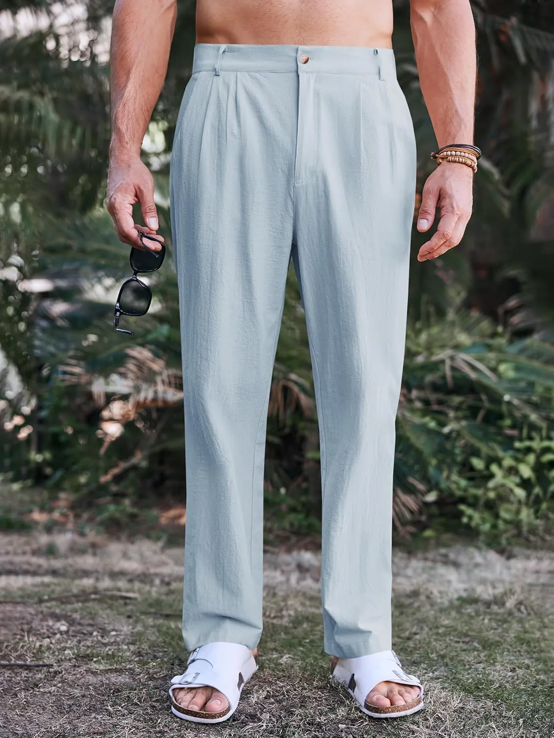 PASLTER Mens Casual Cotton Linen Pants Loose Fit Elastic Waist Yoga Beach Trousers with Pockets