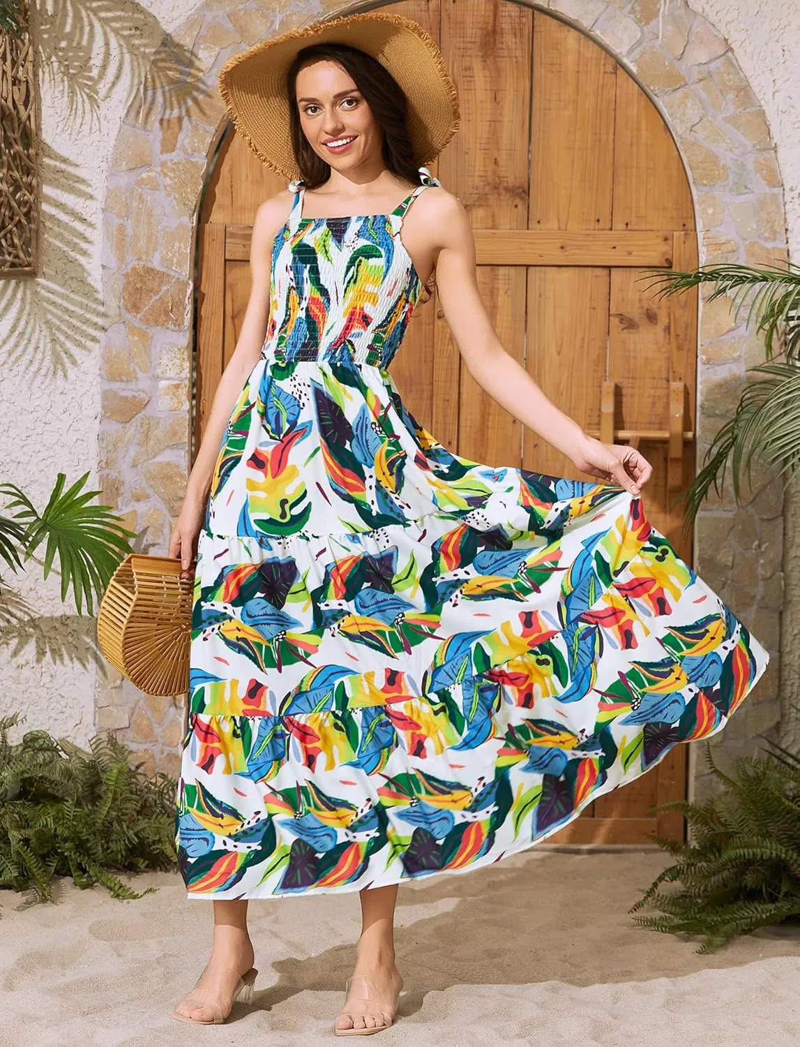 PATPAT Couples Matching Hawaiian Outfits: Beach Vacation Tropical Print Women Spaghetti Strap Maxi Dress or Men Cruise Shirt