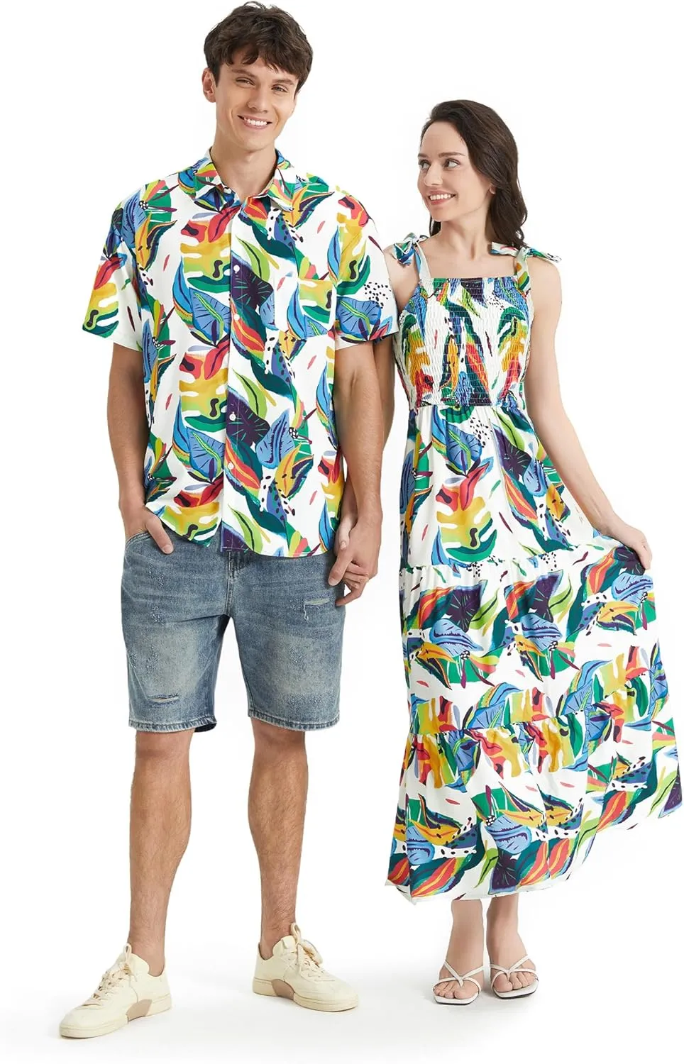 PATPAT Couples Matching Hawaiian Outfits: Beach Vacation Tropical Print Women Spaghetti Strap Maxi Dress or Men Cruise Shirt