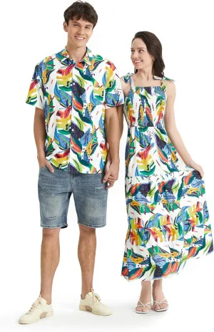 PATPAT Couples Matching Hawaiian Outfits: Beach Vacation Tropical Print Women Spaghetti Strap Maxi Dress or Men Cruise Shirt