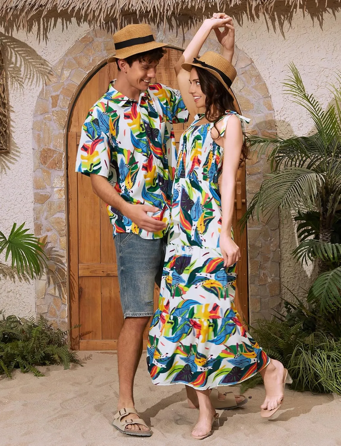 PATPAT Couples Matching Hawaiian Outfits: Beach Vacation Tropical Print Women Spaghetti Strap Maxi Dress or Men Cruise Shirt