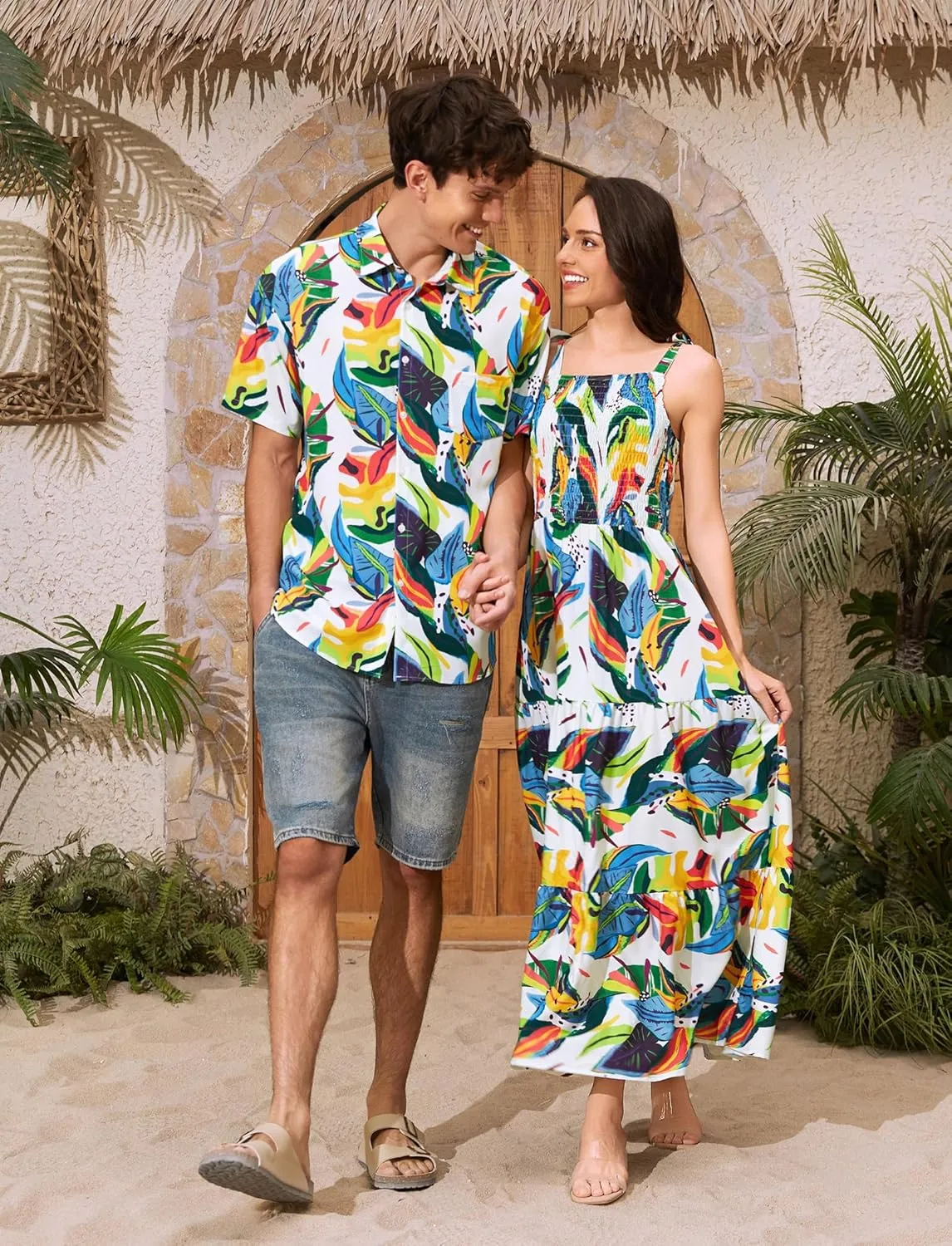 PATPAT Couples Matching Hawaiian Outfits: Beach Vacation Tropical Print Women Spaghetti Strap Maxi Dress or Men Cruise Shirt