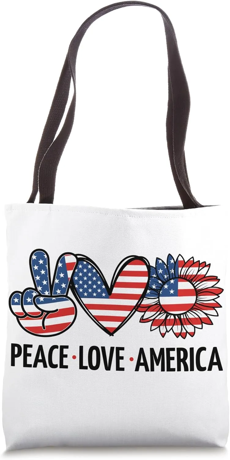 Peace Love America USA Flag Independence Day Women 4th July Tote Bag