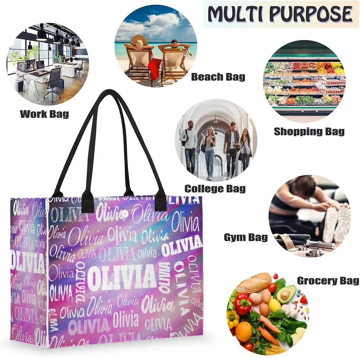 Personalized Women Tote Bag with Name, Customized Large Beach Shoulder Handbags Casual Bag for Travel Daily Work
