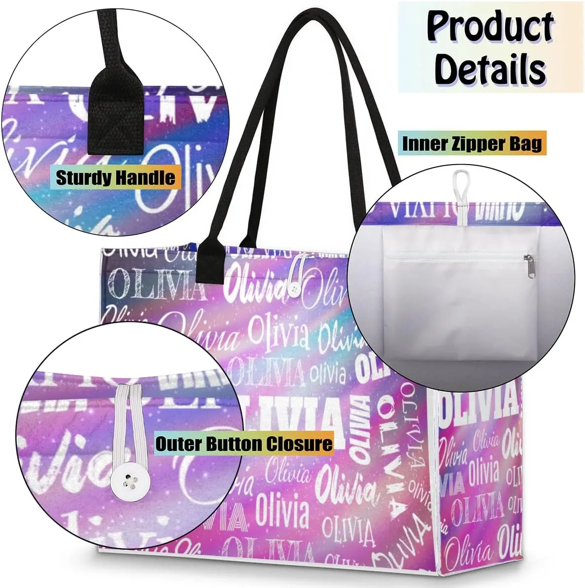 Personalized Women Tote Bag with Name, Customized Large Beach Shoulder Handbags Casual Bag for Travel Daily Work