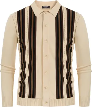 PJ PAUL JONES Mens Vintage Striped Knit Polo Shirt Long Sleeve Button Down Cardigan Sweater