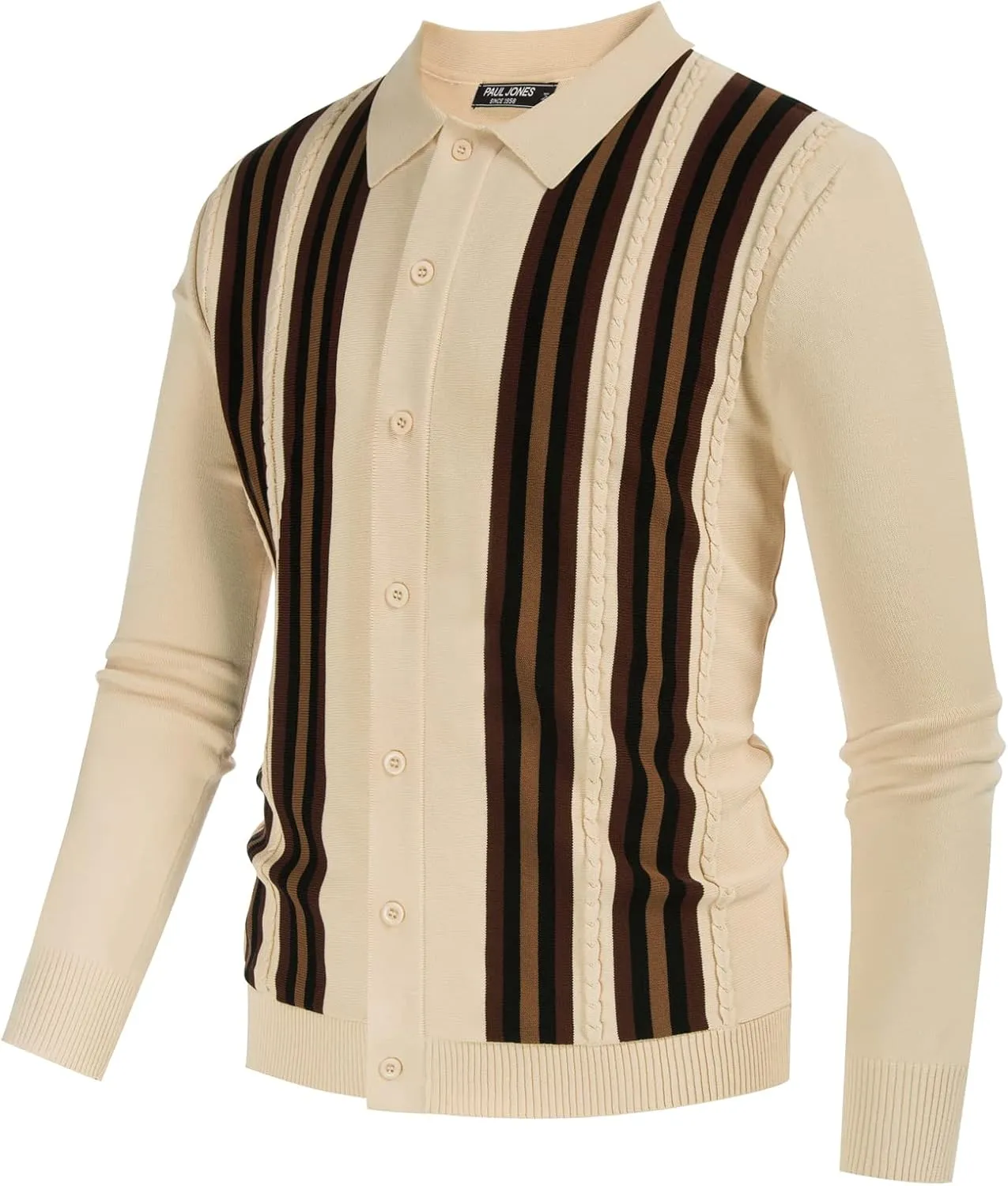 PJ PAUL JONES Mens Vintage Striped Knit Polo Shirt Long Sleeve Button Down Cardigan Sweater