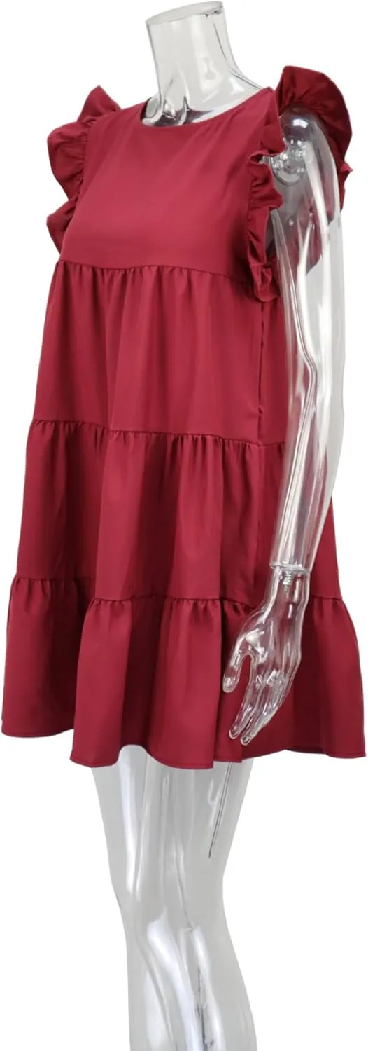 Pleated V-Neck Short Sleeve Ruffled Dress for Women Casual V Neck Party Swing A Line Sundress Beach Mini Dresses