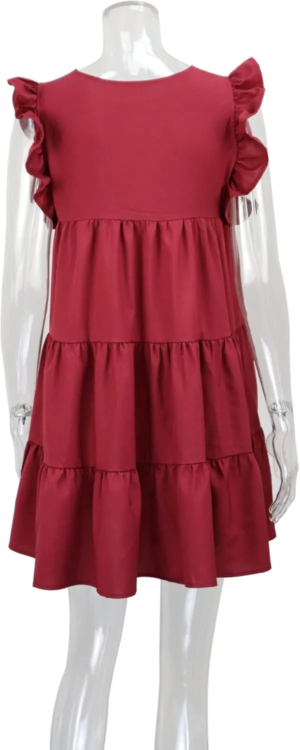 Pleated V-Neck Short Sleeve Ruffled Dress for Women Casual V Neck Party Swing A Line Sundress Beach Mini Dresses