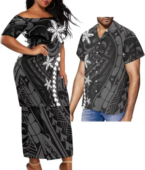 Polynesian Couple Set Tirbal Tattoo Tapa Hawaii Shirt Puletasi Samoa Dresses for Women Matching Outfits Couples