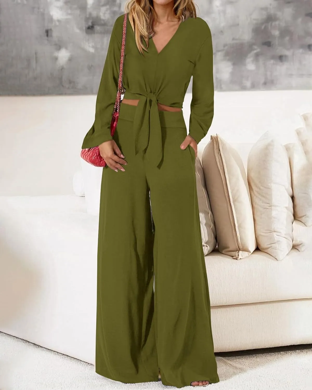 PRETTYGARDEN Women's 2 Piece Outfits 2025 Spring Casual V Neck Long Sleeve Strappy Crop Top Wide Leg Palazzo Pant Sets