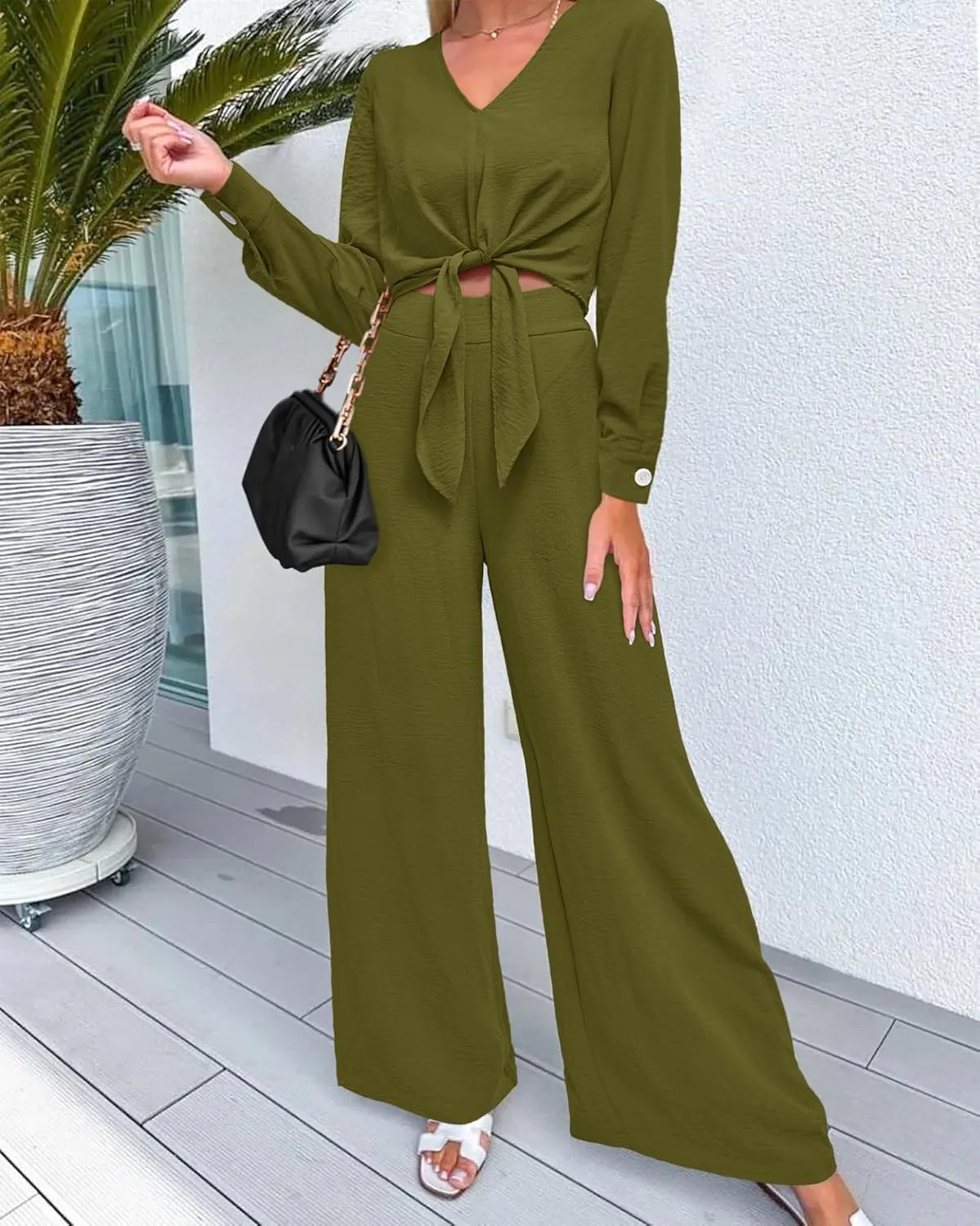 PRETTYGARDEN Women's 2 Piece Outfits 2025 Spring Casual V Neck Long Sleeve Strappy Crop Top Wide Leg Palazzo Pant Sets