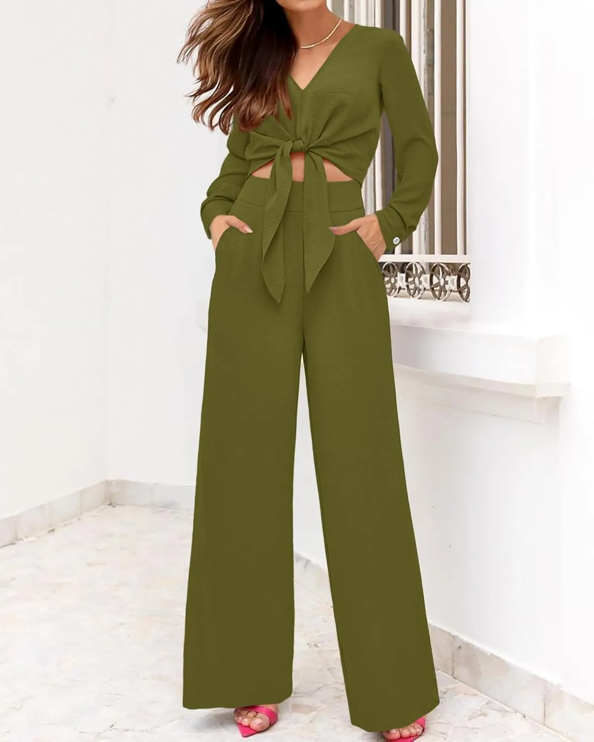 PRETTYGARDEN Women's 2 Piece Outfits 2025 Spring Casual V Neck Long Sleeve Strappy Crop Top Wide Leg Palazzo Pant Sets