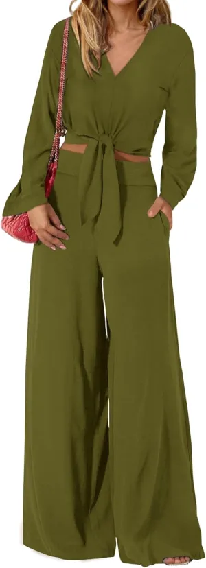 PRETTYGARDEN Women's 2 Piece Outfits 2025 Spring Casual V Neck Long Sleeve Strappy Crop Top Wide Leg Palazzo Pant Sets