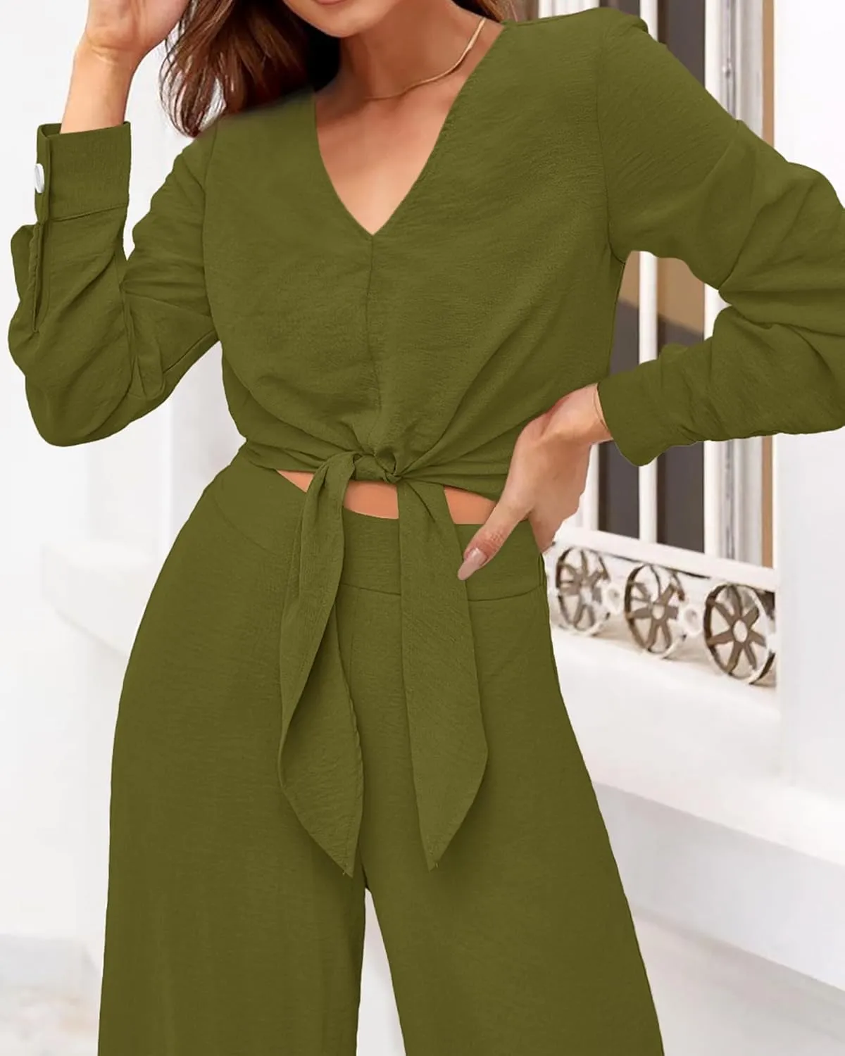 PRETTYGARDEN Women's 2 Piece Outfits 2025 Spring Casual V Neck Long Sleeve Strappy Crop Top Wide Leg Palazzo Pant Sets
