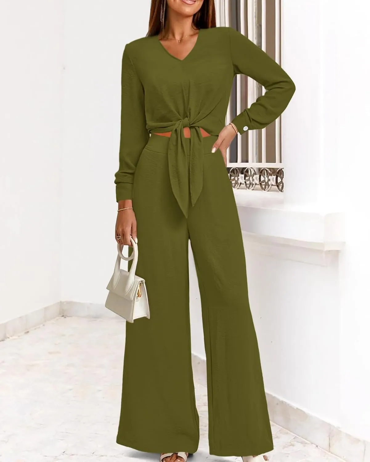 PRETTYGARDEN Women's 2 Piece Outfits 2025 Spring Casual V Neck Long Sleeve Strappy Crop Top Wide Leg Palazzo Pant Sets