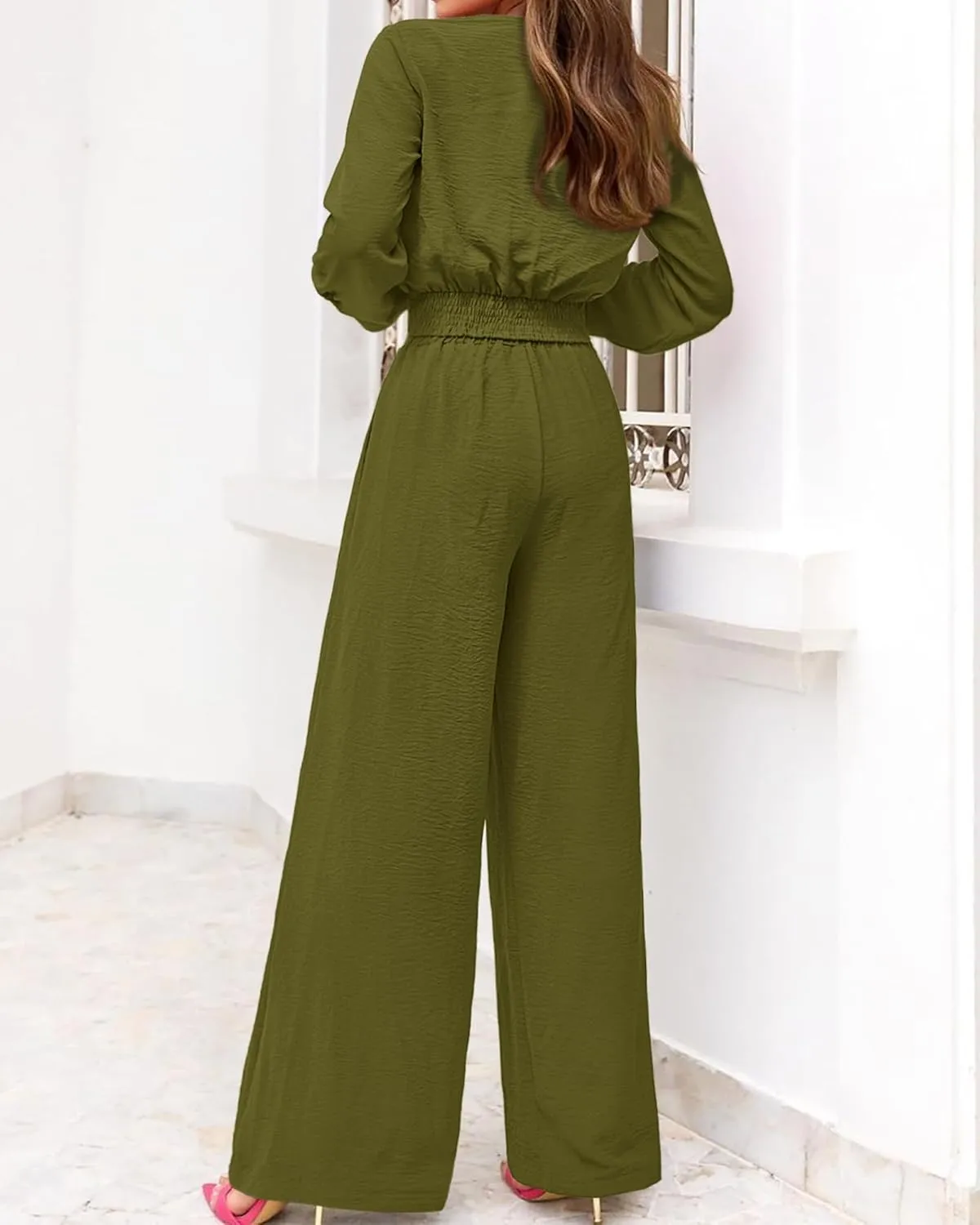 PRETTYGARDEN Women's 2 Piece Outfits 2025 Spring Casual V Neck Long Sleeve Strappy Crop Top Wide Leg Palazzo Pant Sets