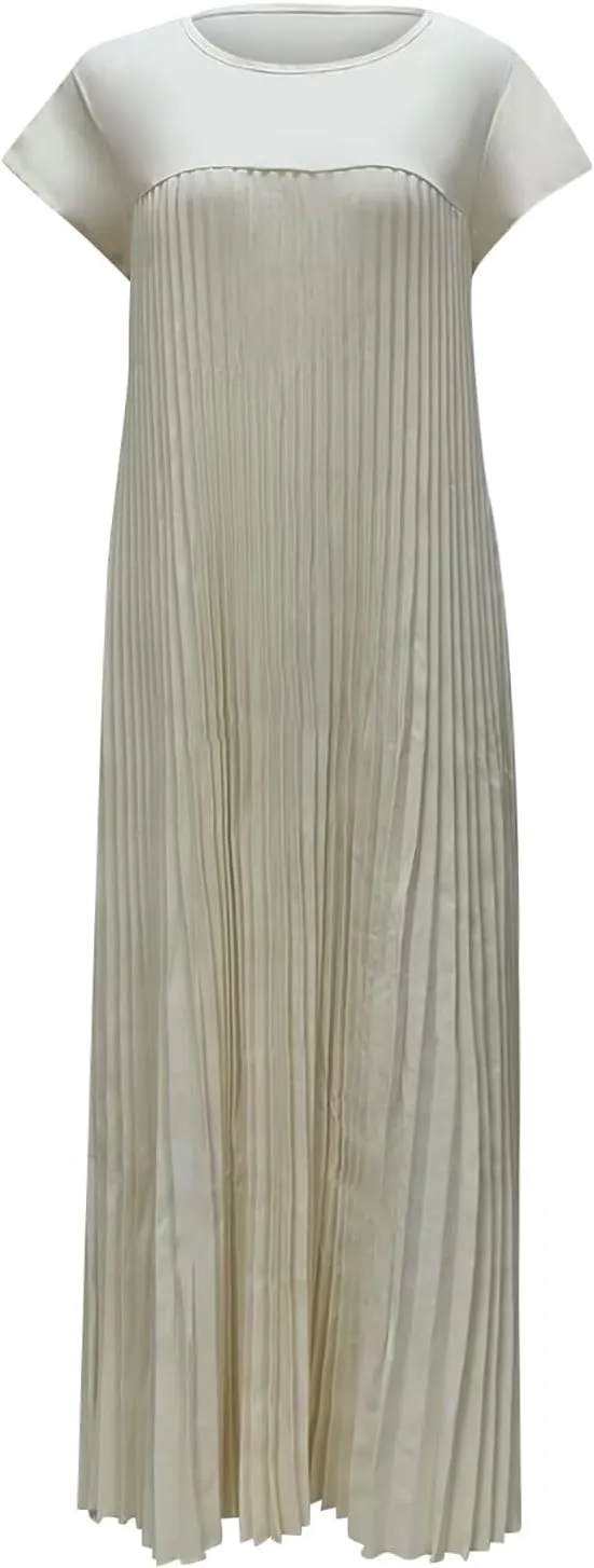 PTOLOCIF Women's Round Neck Sleeveless Pleated Long Dress Dresses for Women Over 50