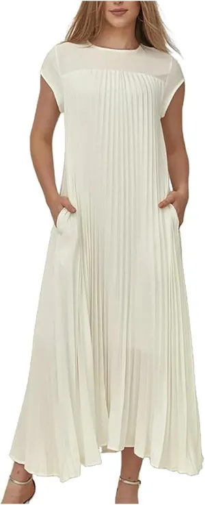PTOLOCIF Women's Round Neck Sleeveless Pleated Long Dress Dresses for Women Over 50