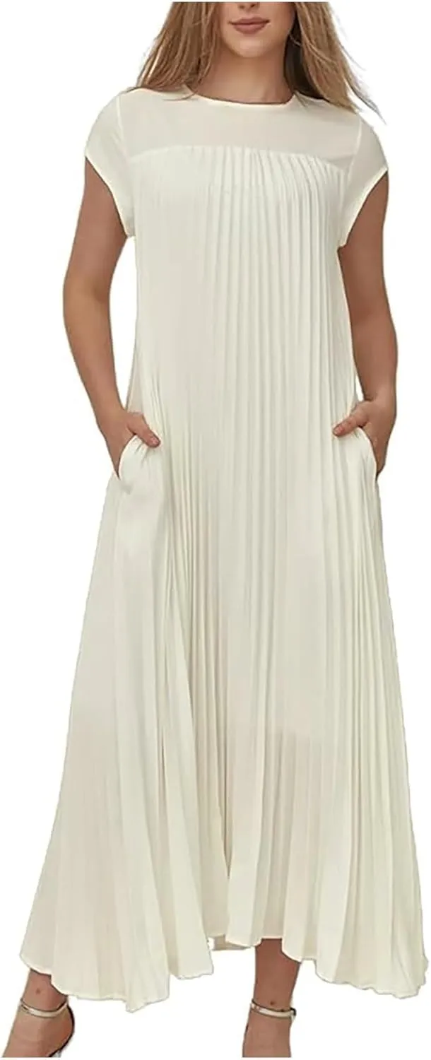 PTOLOCIF Women's Round Neck Sleeveless Pleated Long Dress Dresses for Women Over 50