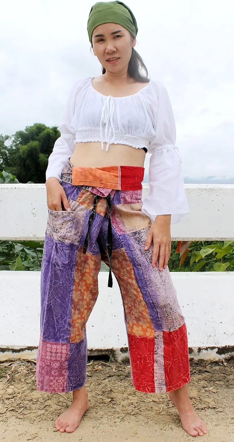 RaanPahMuang Thai Fisherman Pants Men/Women, Loose Yoga, Pirate, Harem Pants, 100% Cotton, Unisex Kimono Pants